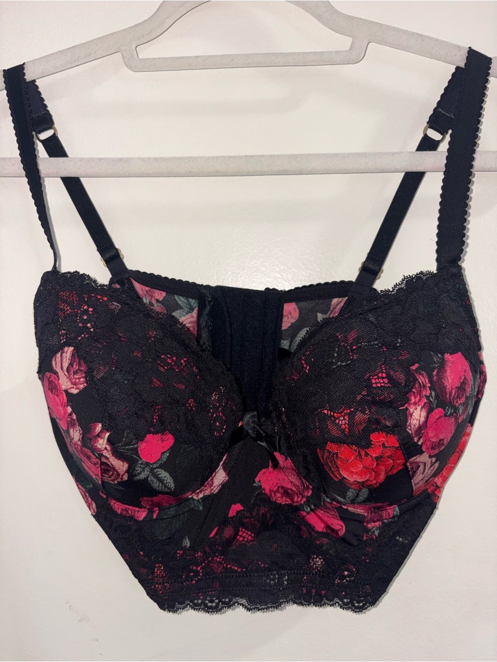 H&M Black Longline Bra with Pink and Red Floral Lace